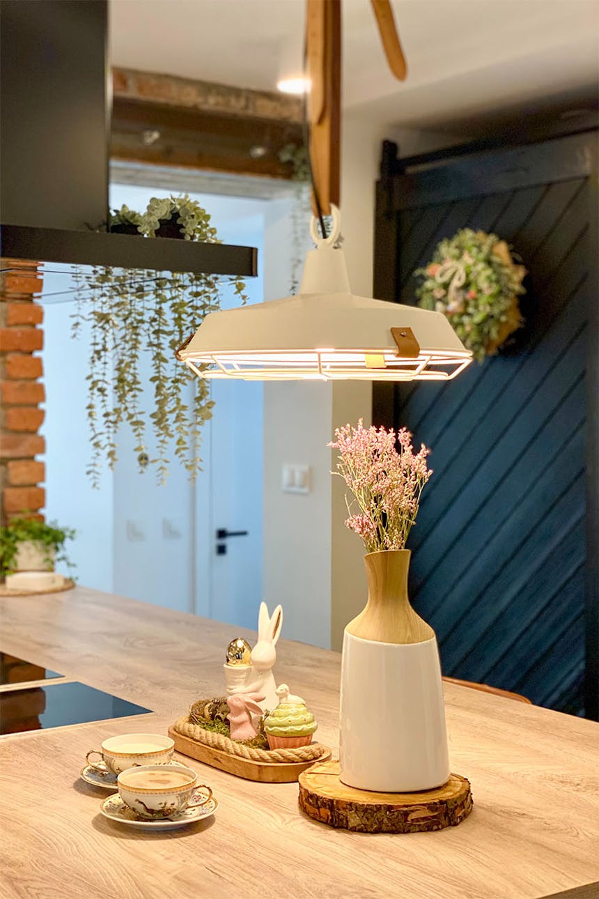 weiße Industrielampe über der Kücheninsel, schwarze Speisekammertür, Küche mit Speisekammer