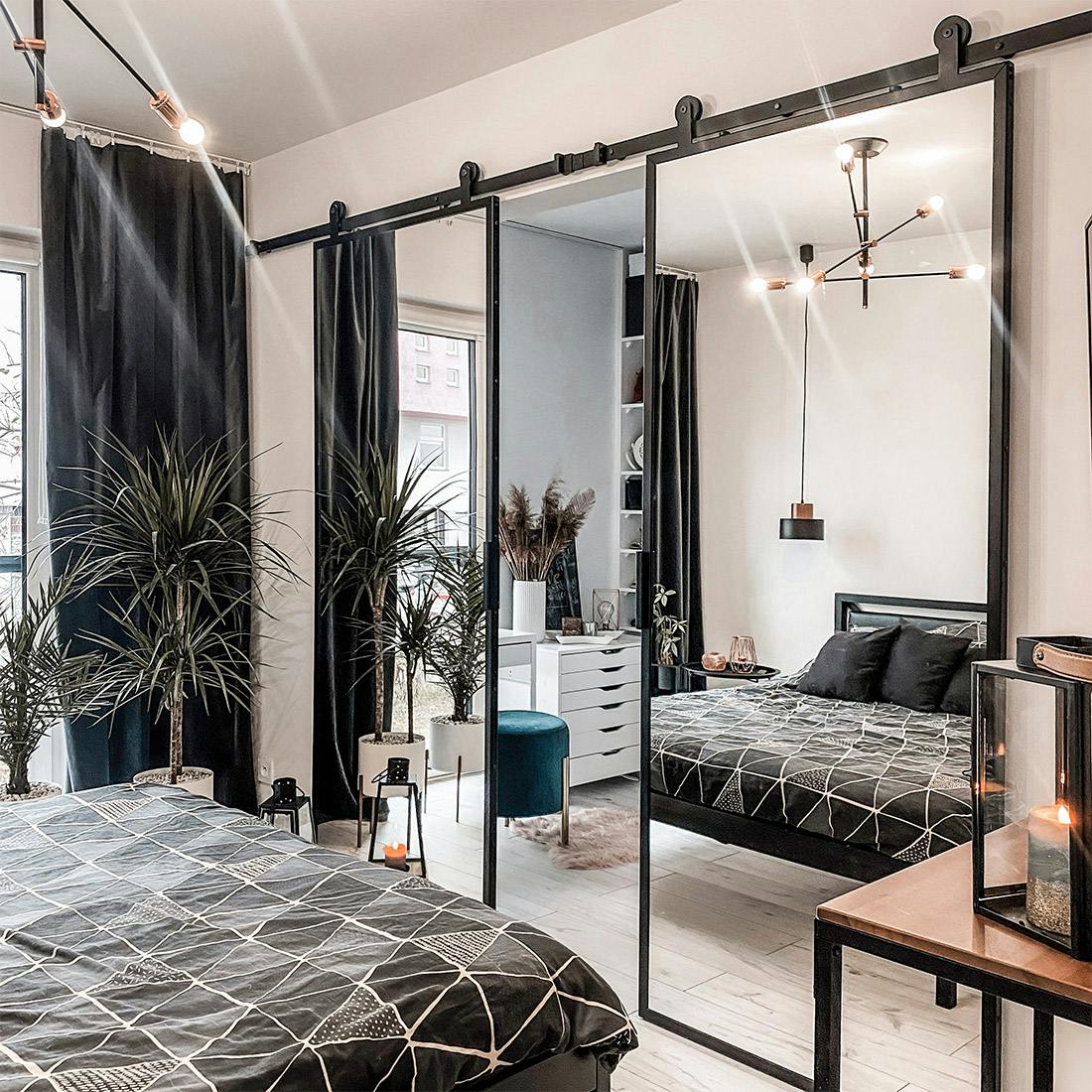 double sliding door with mirror, industrial lamp, black bedroom accessories, walk-in closet, modern bedroom, metal bed frame, metal hanging lamp