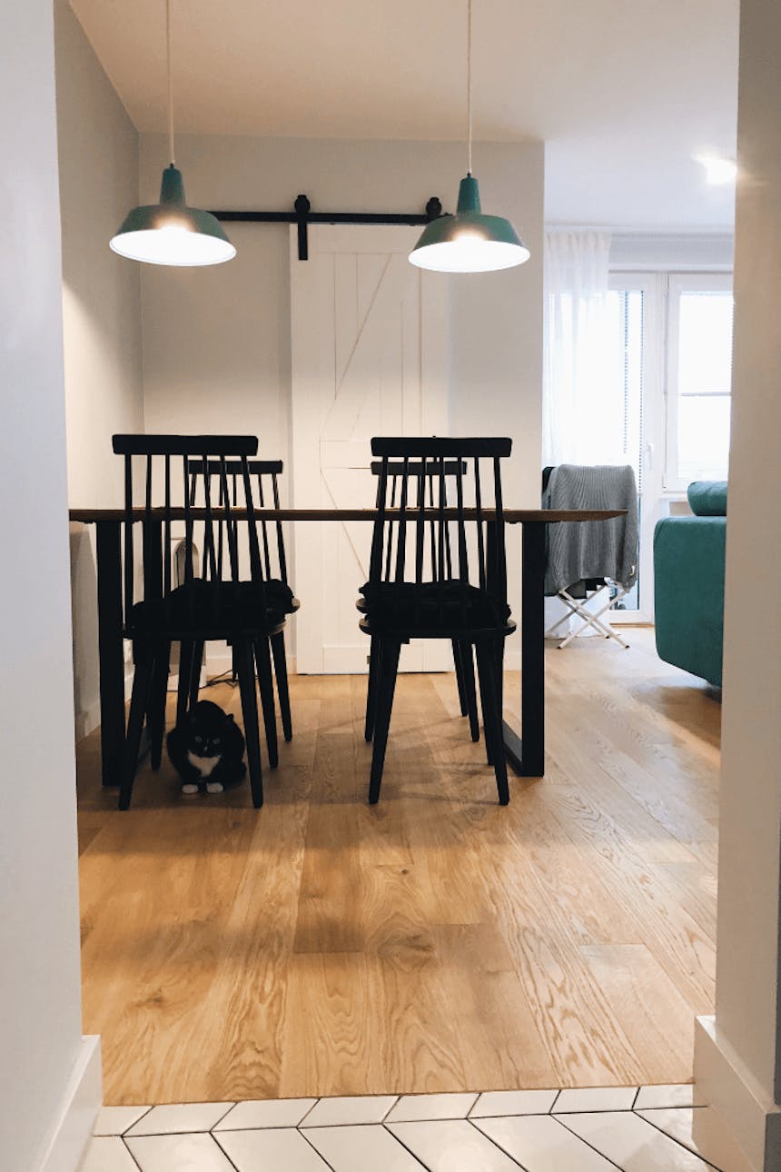 flaschengrün im Innenraum, weiße Schiebetür, industriellem Innenraum, Metallzubehör im Innenraum, Holzschiebetür, "barn door"-Stil Schiebetüren, grüne Hängelampe, schwarze Stühle