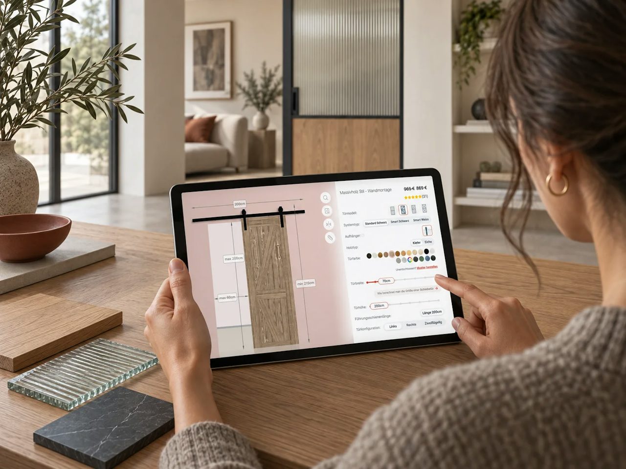 Eine Person gestaltet eine Schiebetür im RENO Konfigurator auf einem Tablet.