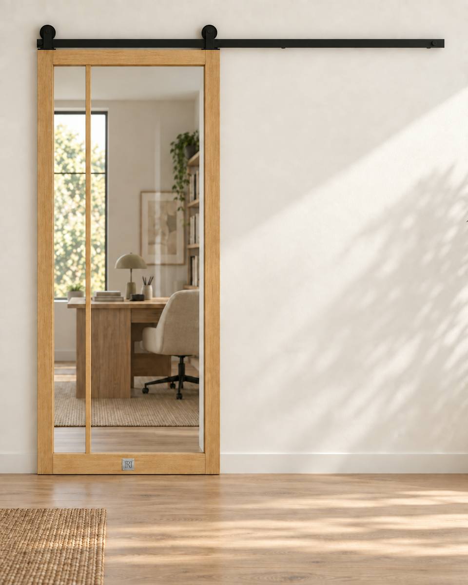 SALON Line aus naturfarbener Eiche mit Glasfüllung – Raumvisualisierung · Abgebildet: Smart Hamak · Klarglas