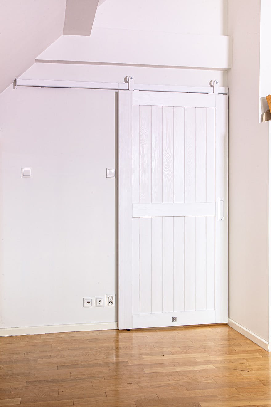 closed white sliding doors on a white sliding system