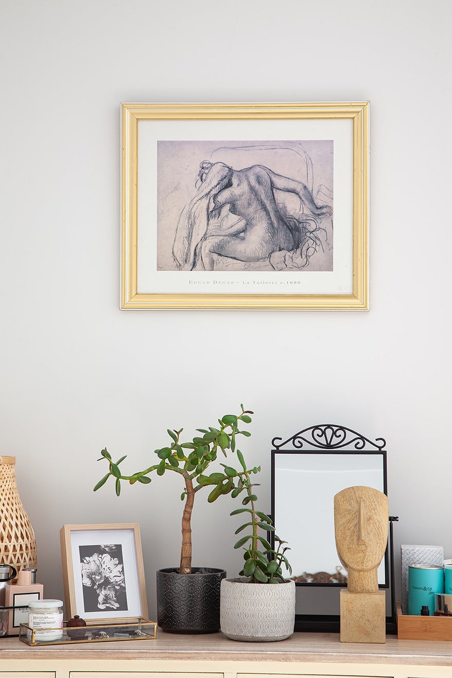 plants and decorations on the top of the dresser