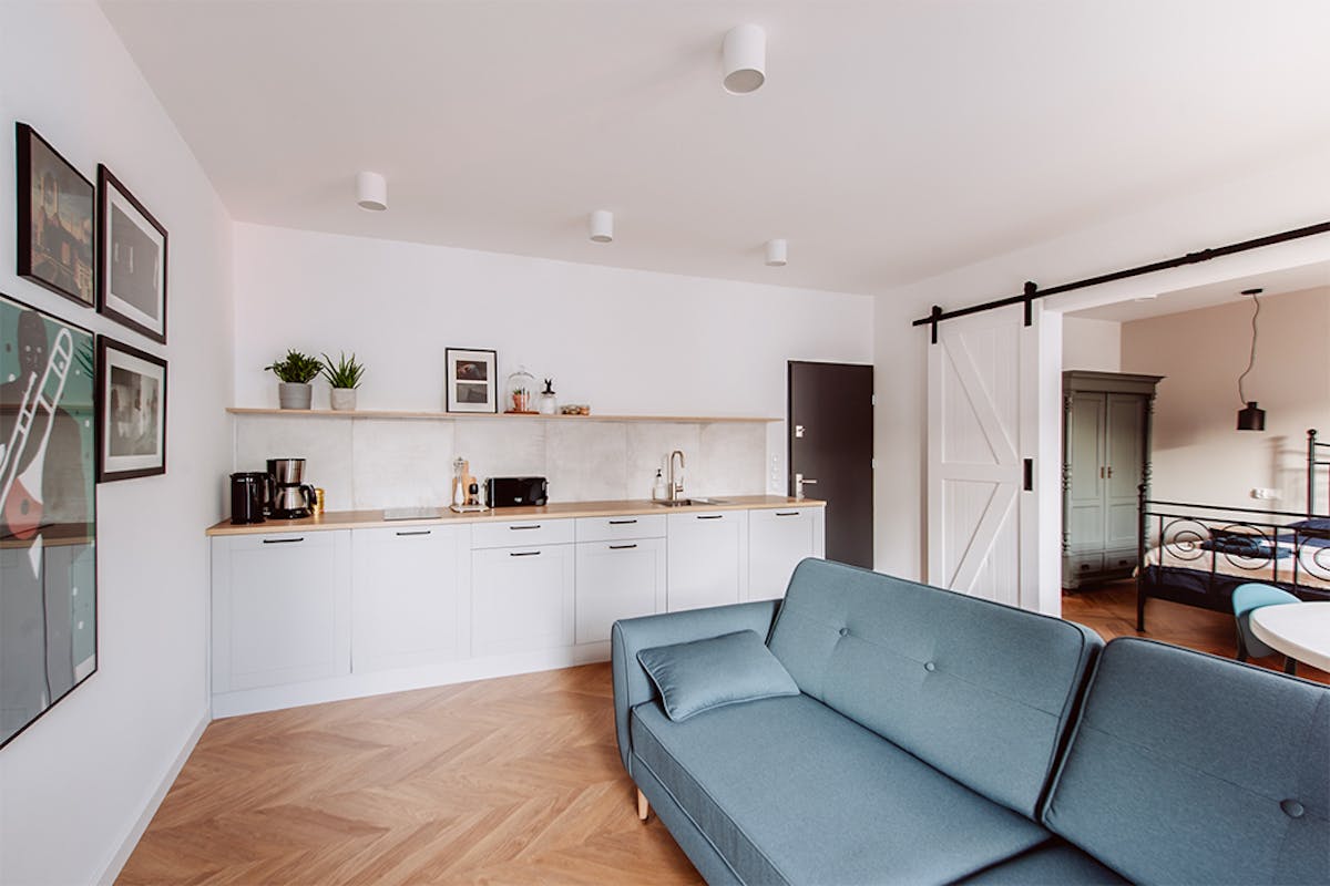 Küche offen zum Wohnzimmer in der Einrichtung einer Mietwohnung