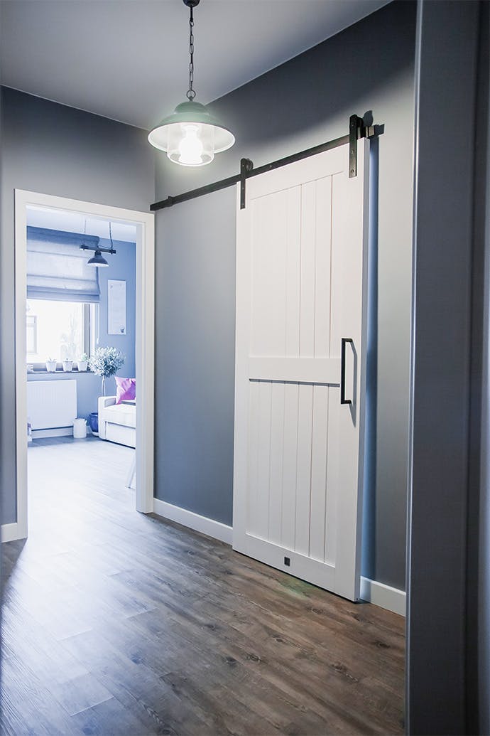 laundry room sliding door, white sliding door, sliding door system modern farmhouse, laundry door, sliding door, grey colours