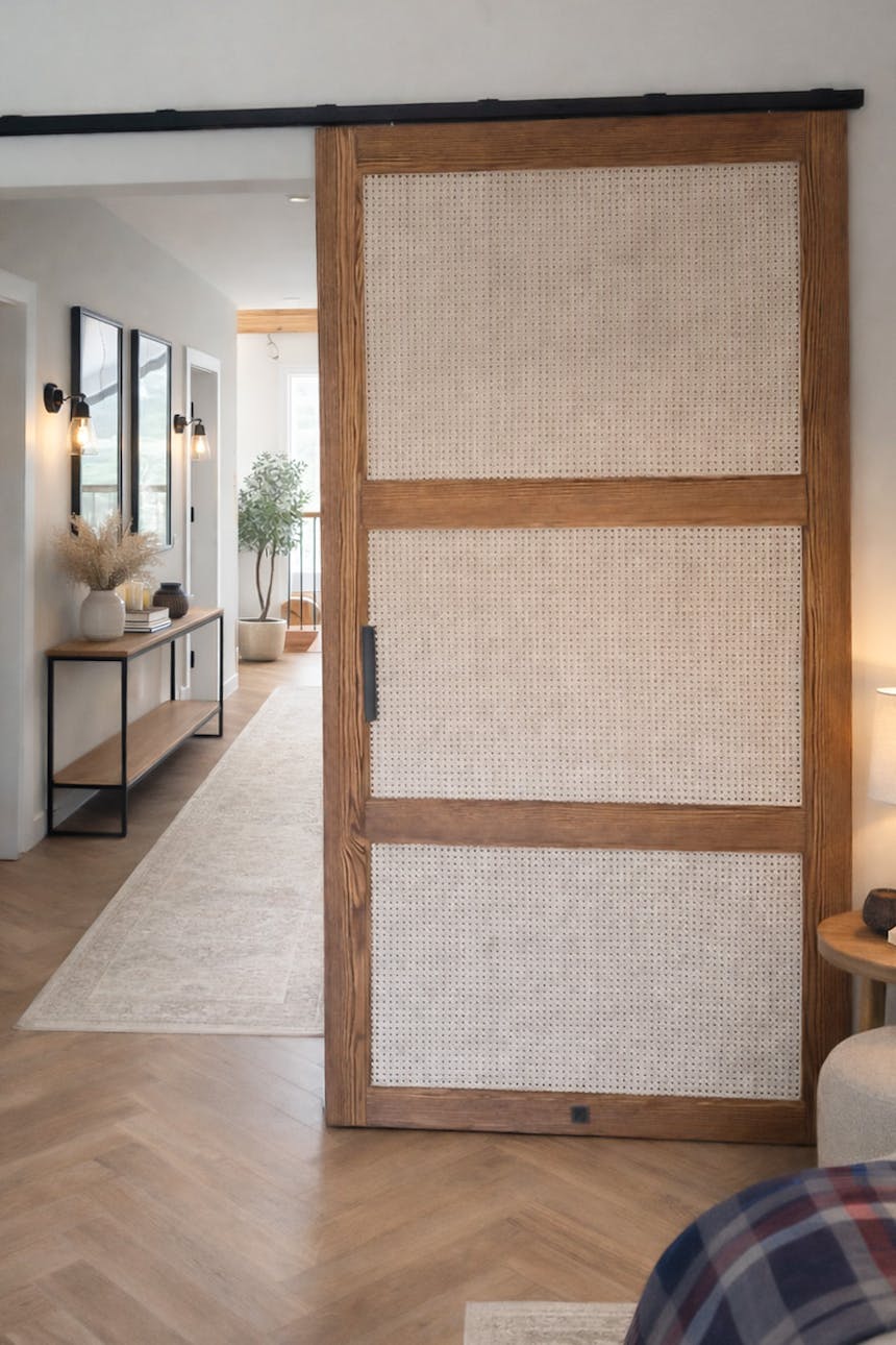 Holz-Schiebetüren mit Wiener Geflecht am schwarzen TOP WALL System – eine Kombination aus Boho-Stil und modernem Mechanismus.