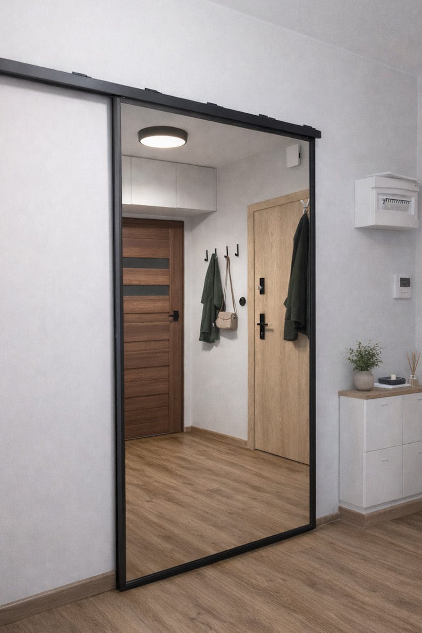 Großer Schiebespiegel im Flur, montiert an der schwarzen TOP WALL Wandschiene.