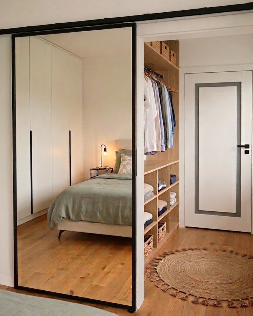 Hoher Schiebespiegel mit schwarzem Rahmen als Trennung zwischen Schlafzimmer und Garderobe – System ohne sichtbare Rollen an der Führungsschiene.