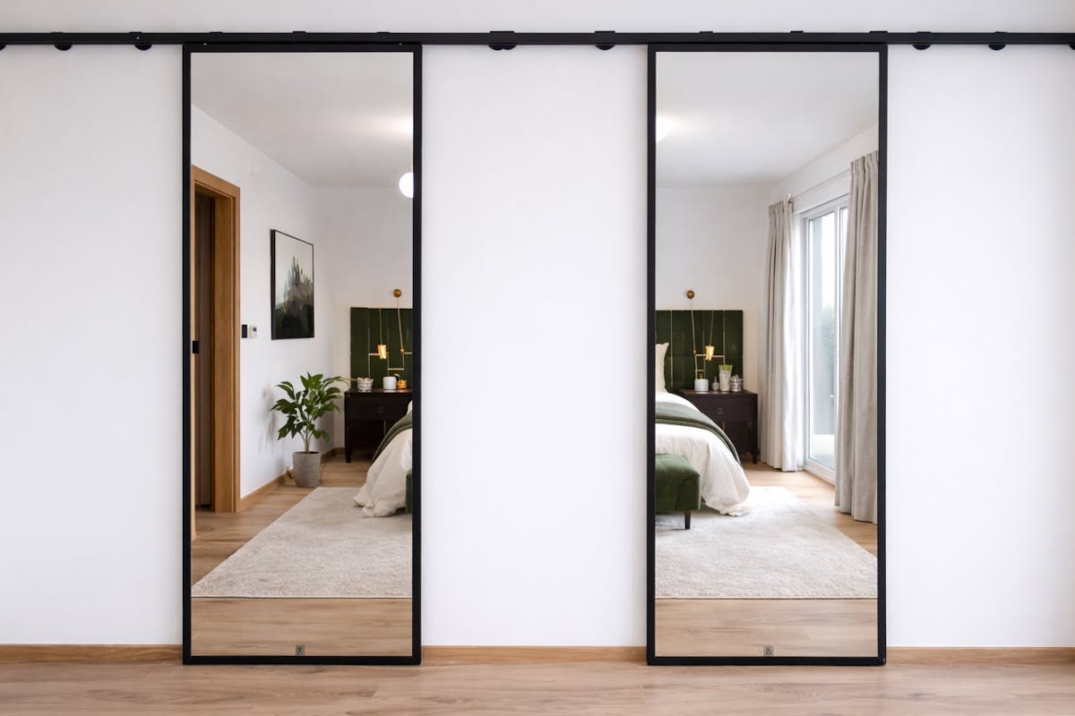 Zwei Schiebespiegel mit schwarzen Rahmen, montiert an einer gemeinsamen langen TOP WALL Führungsschiene in einem modernen Schlafzimmer.