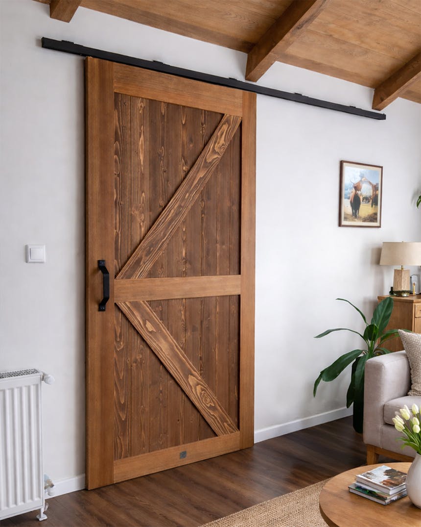 Massivholz-Schiebetüren an einer schwarzen TOP WALL Führungsschiene in einem Wohnzimmer mit Deckenbalken.