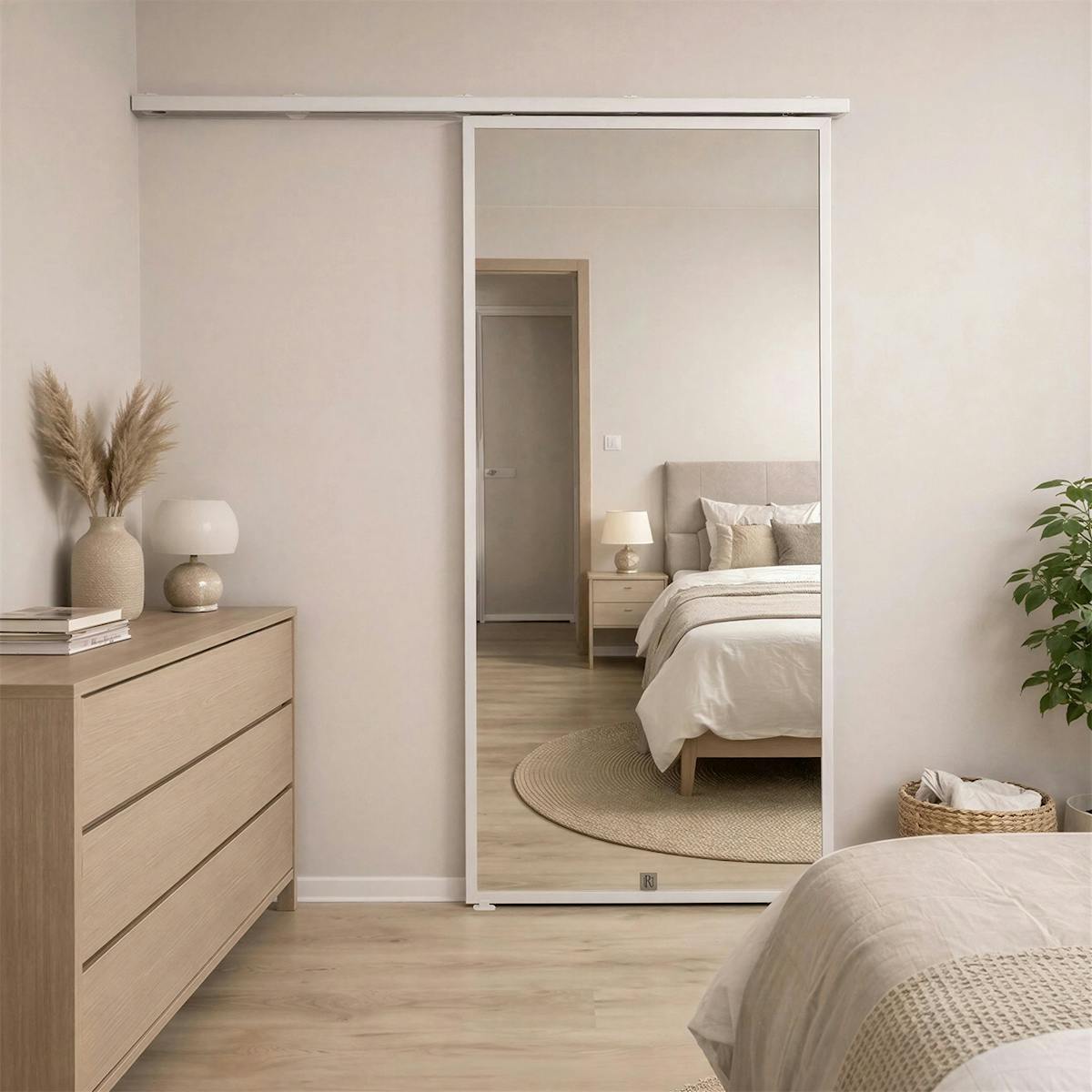 Schiebespiegel-Tür in einem weißen Rahmen, montiert am TOP WALL System mit Führungsschiene in einem hellen Schlafzimmer.